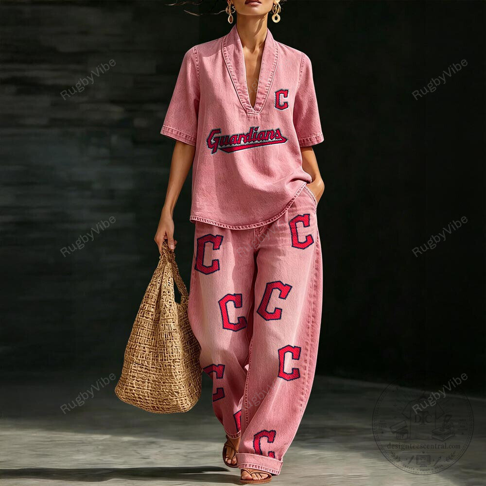 Cleveland Guardians Baseball Team Pink Denim Shirt and Pants Set for Women